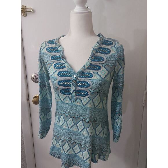 Akemi + Kin ANTHRO Turquoise Sequin Top S Bohemian Festival Hippie Mermaid - Picture 3 of 10